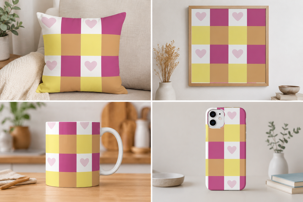 Rose Pink Hearted Gingham Seamless Pattern